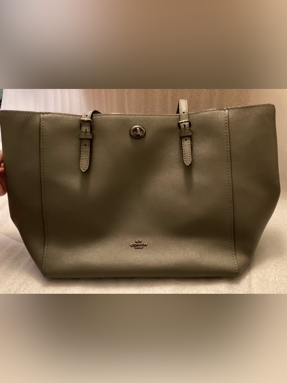 Coach Large Turnlock Tote Taupe Greige Leather XL Shoulder Bag Silver Hardware